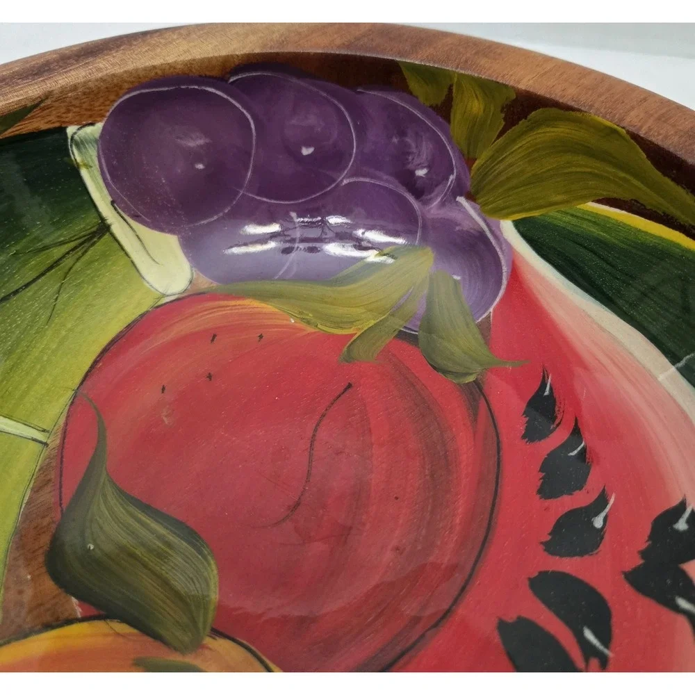 Vtg Hand Painted Mexican Wood Bowl Vibrant Fruit Folk Art Olinala Style Signed